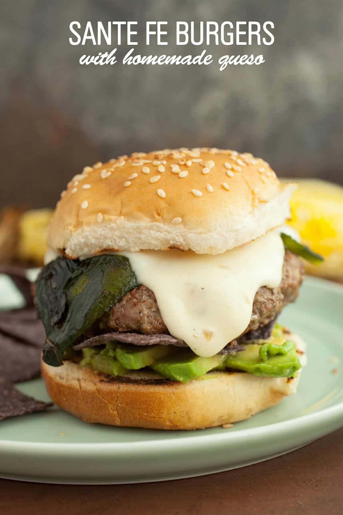 Santa Fe Burgers: One of my favorite burgers to toss on the grill in the summer. Topped with a spicy cheese sauce, roasted poblano peppers, and crispy blue corn chips! | macheesmo.com