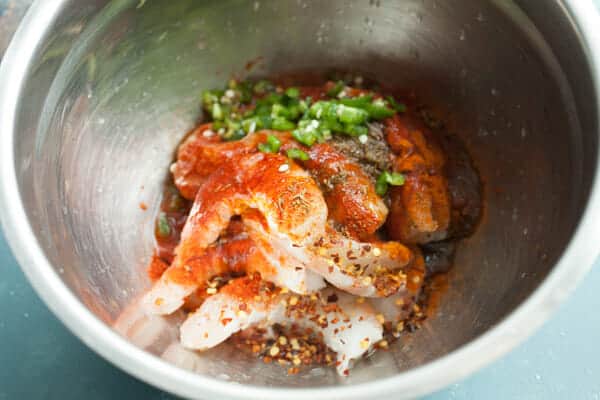 Shrimp mixed with spices for quesadillas.