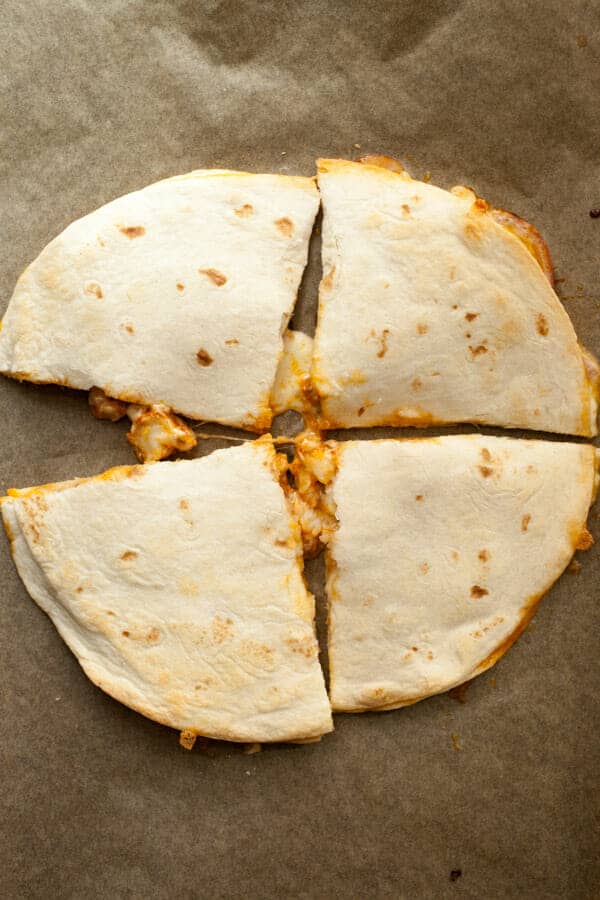 Spicy Shrimp Quesadillas on sheetpan.