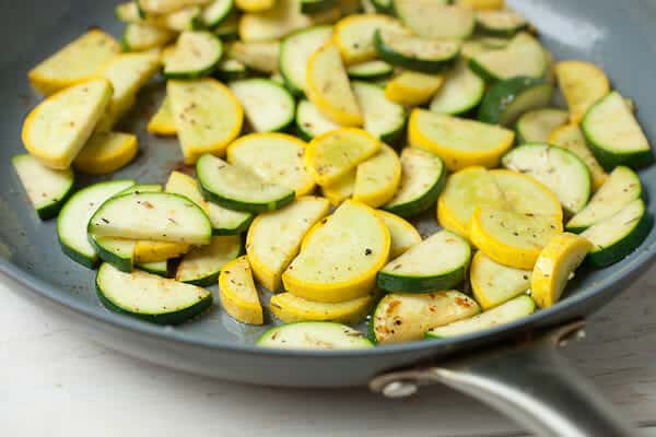 Squash and Zucchini in skillet.