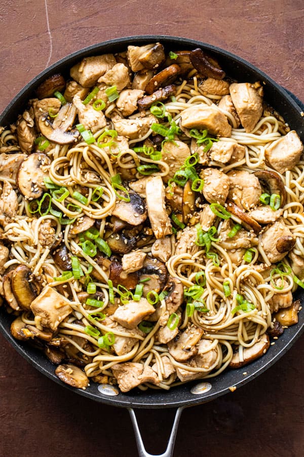 Chicken and Mushroom Lo Mein in a skillet.