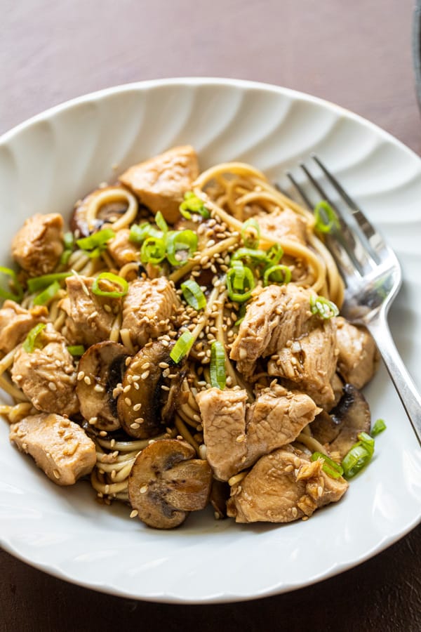 Mushroom Lo Mein in a bowl
