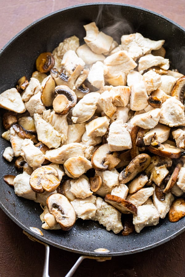Cooked chicken and mushrooms