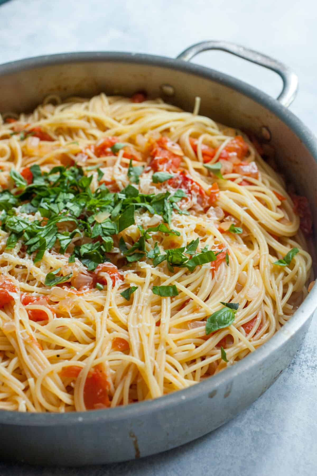 Cherry Tomato Pasta in a skillet.