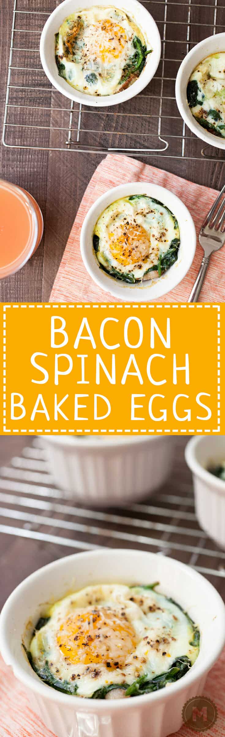 Bacon Spinach Baked Eggs: These individual baked eggs are perfect for breakfast or a group brunch. Just a few ingredients and everything you want in a breakfast (toast, bacon, veg, and egg) all in one dish! | macheesmo.com