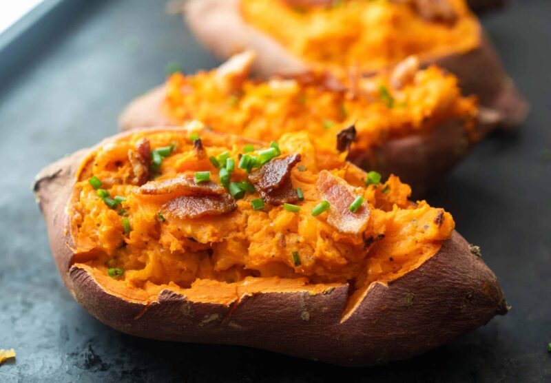Double Baked Sweet Potatoes with Bacon and Chives ~ Crunch Time Kitchen
