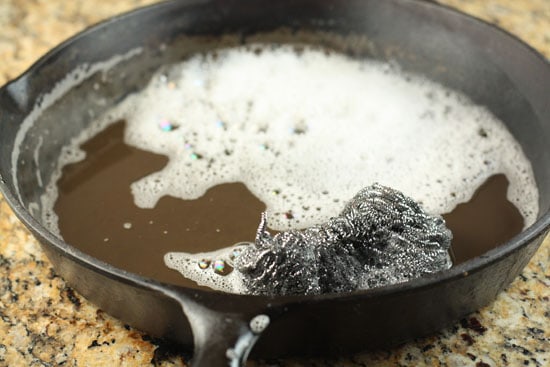 suds and water for cleaning a cast iron skillet