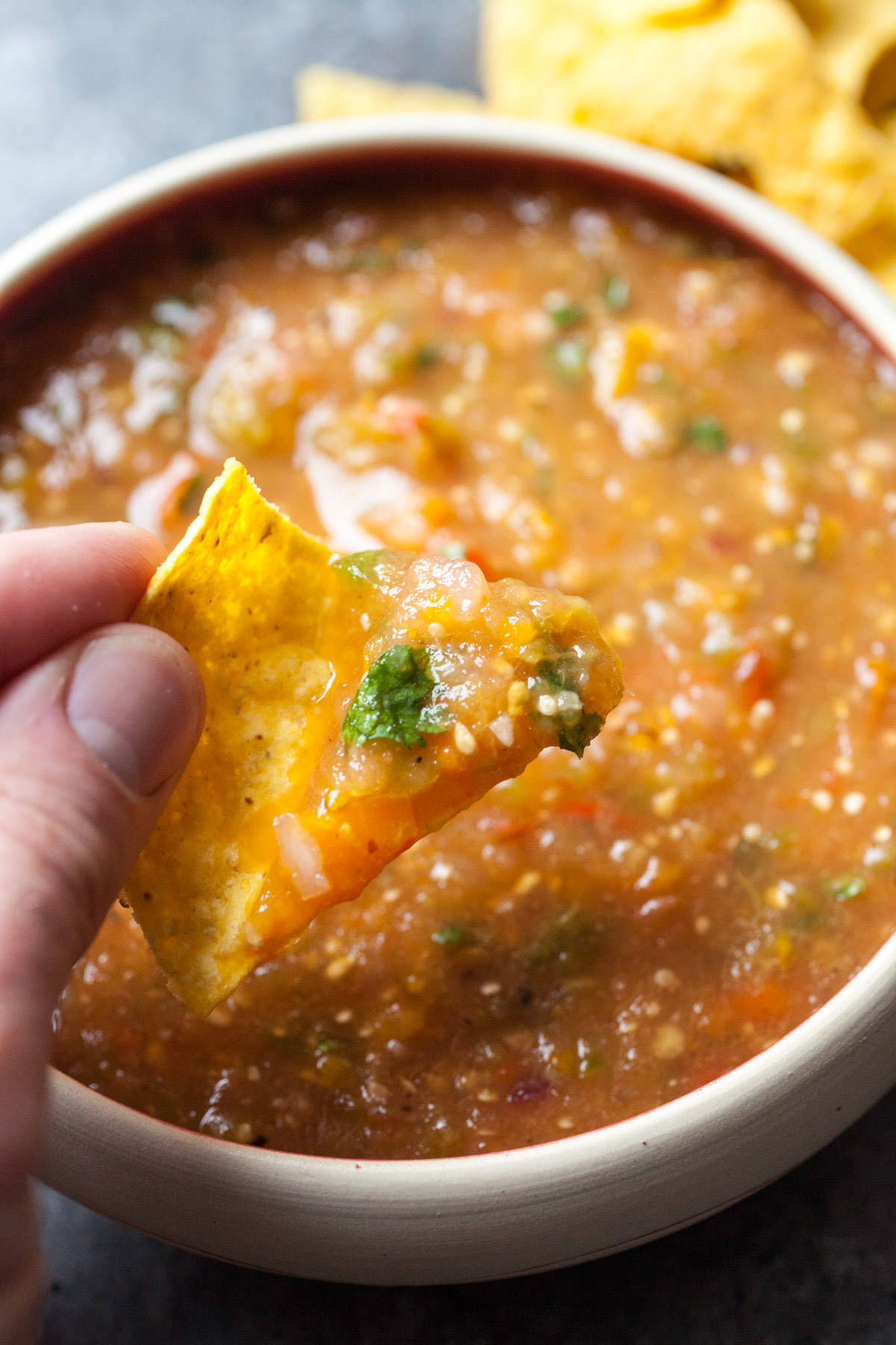 Easy grilled salsa with fresh tomatoes, tomatillos, onions, and sweet peppers. All charred on a grill and blended together. The best salsa you'll have this summer and easy to make!