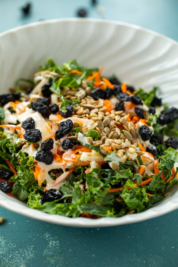 Kale Slaw with blueberries and seeds.