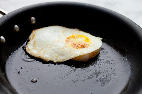 Cooked eggs over-easy.