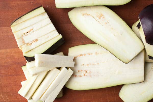 Eggplant Fries chopped.