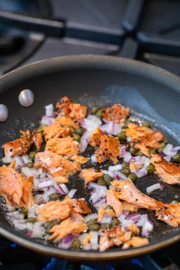 Starting omelette in a skillet.