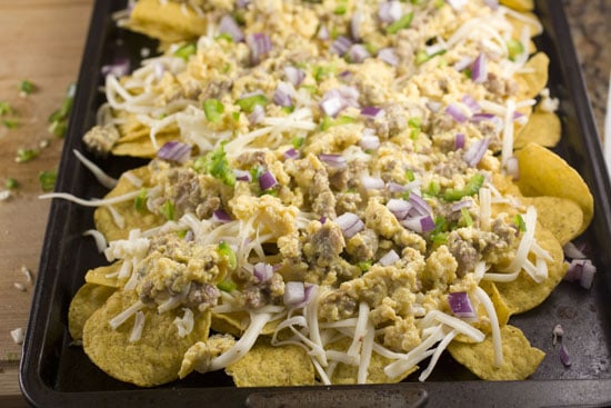 tray of Breakfast Nachos ready for oven