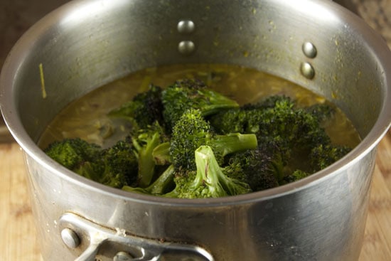 broccoli going into the pot - Broccoli Parmesan Soup