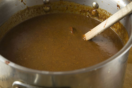 simmering the Homemade Mole Sauce