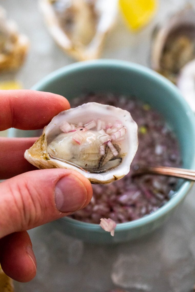 Mignonette sauce with oysters.