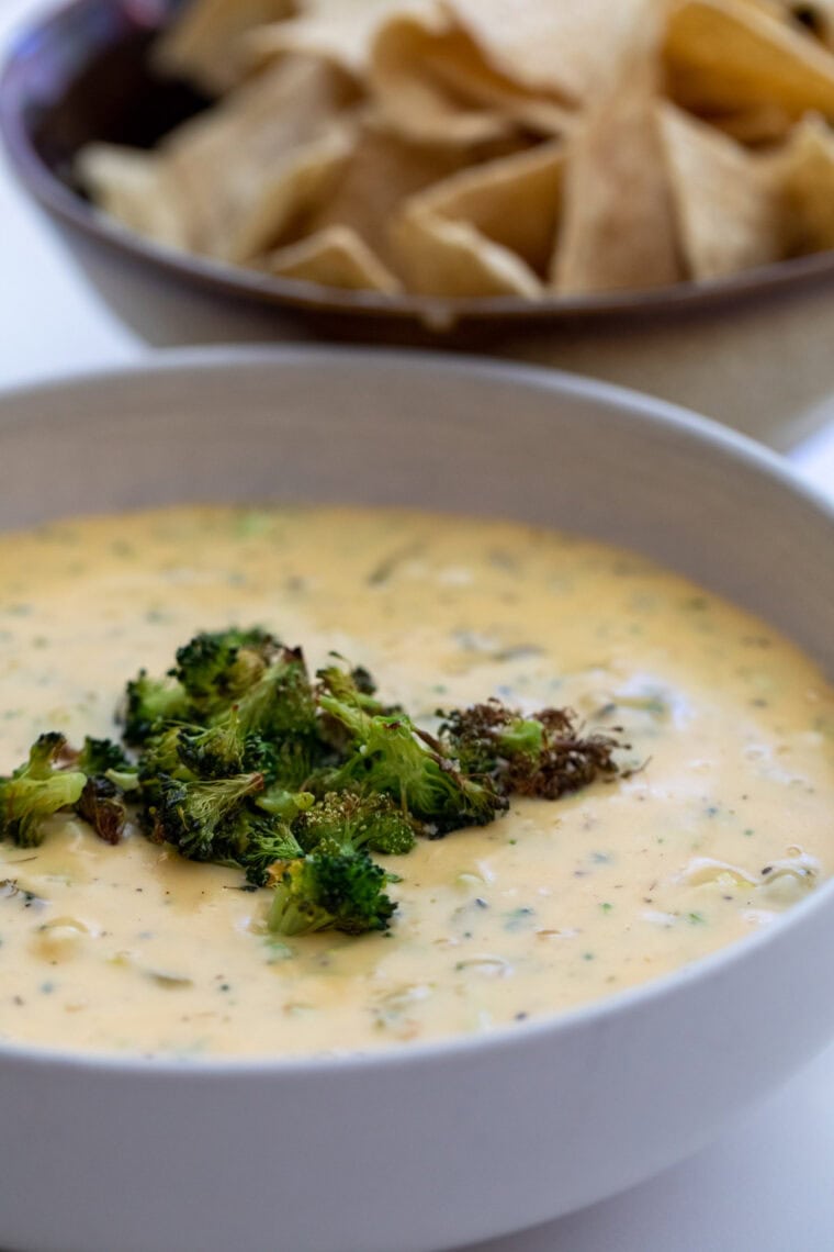 Roasted broccoli queso with chips.