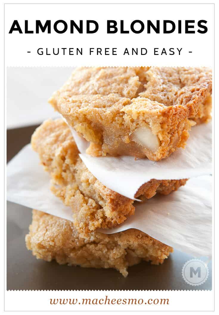 Delicious gluten-free almond blondies baked with almond flour and white chocolate chips!