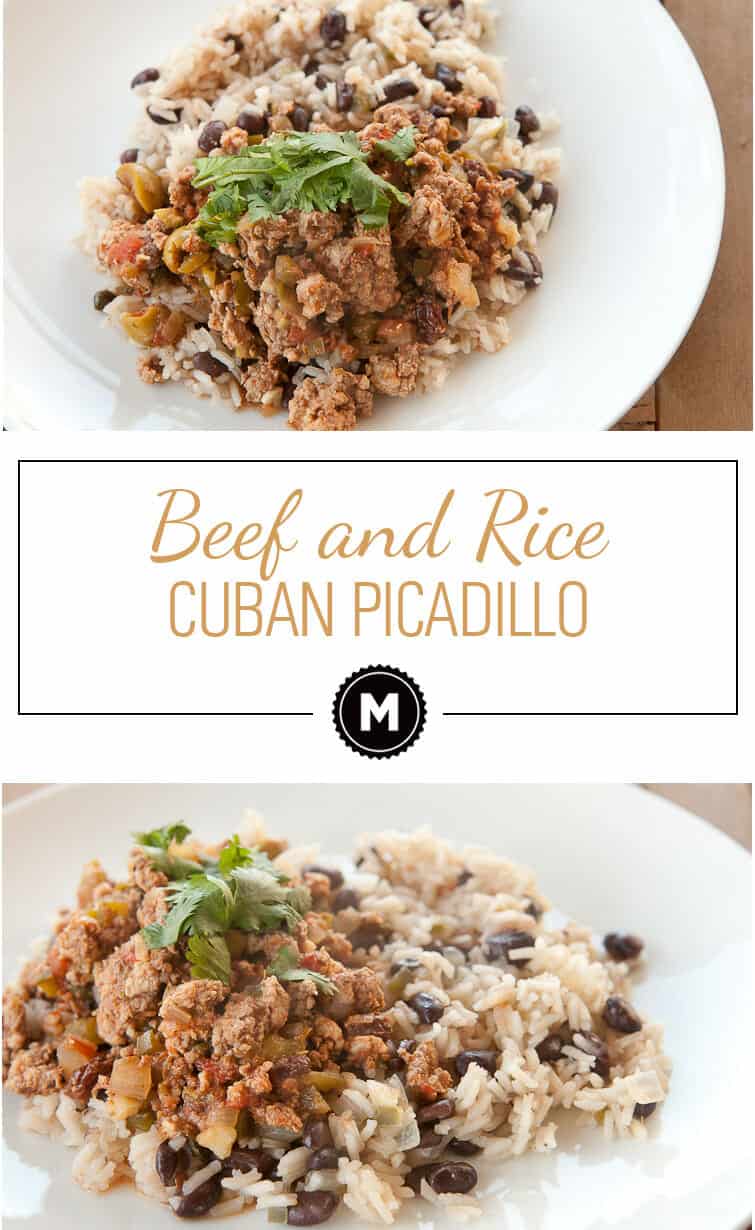 Classic Cuban Picadillo with ground beef and spices served over rice and black beans. A hearty plate of food to warm the soul!