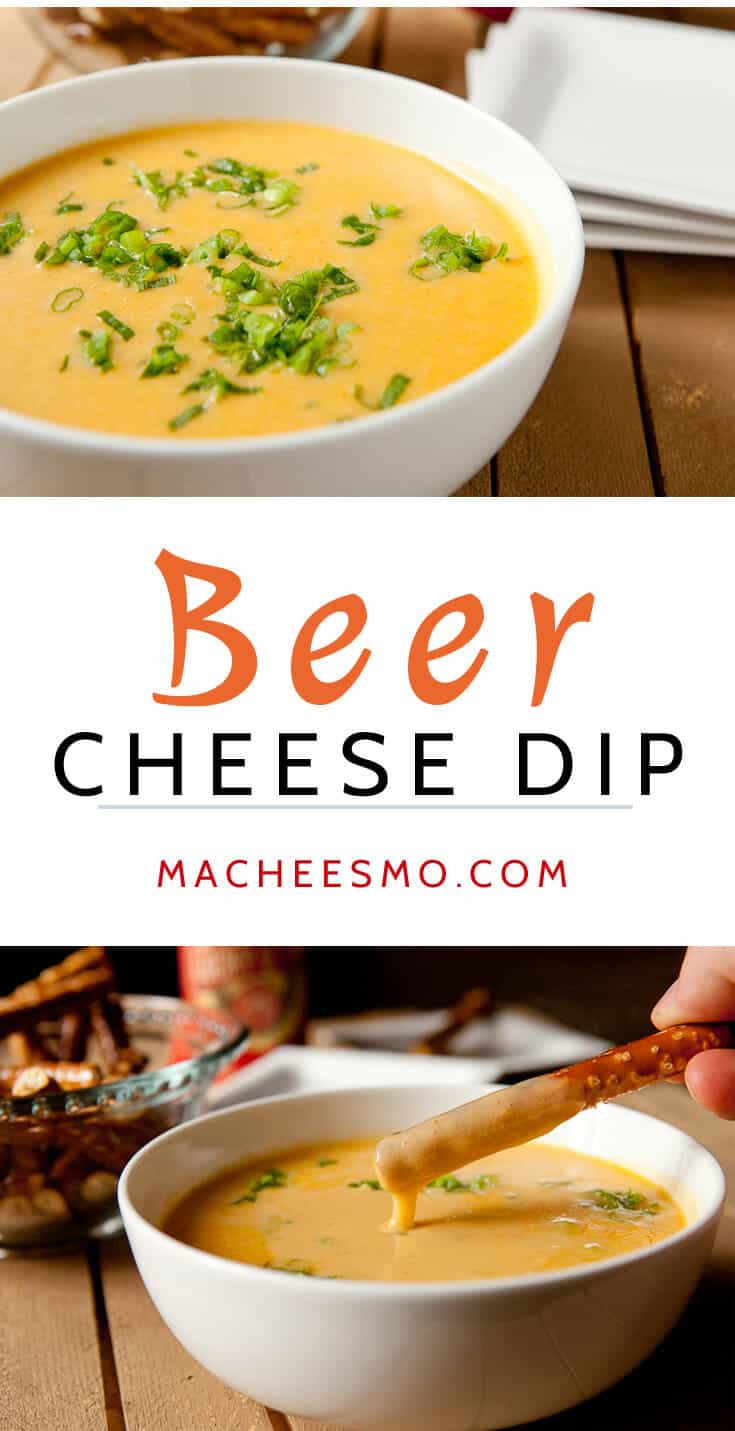 Queso dip made with beer! The perfect game day appetizer with crunchy pretzels. Beer Cheese Dip ~ Macheesmo