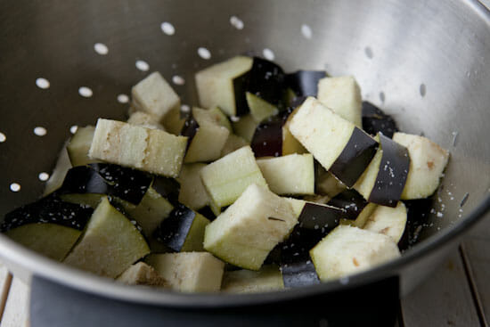 Cubed and salted eggplant for Eggplant Orzo