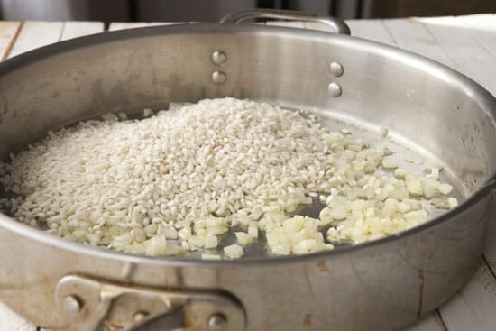 Toasting the rice for Spinach Artichoke Risotto