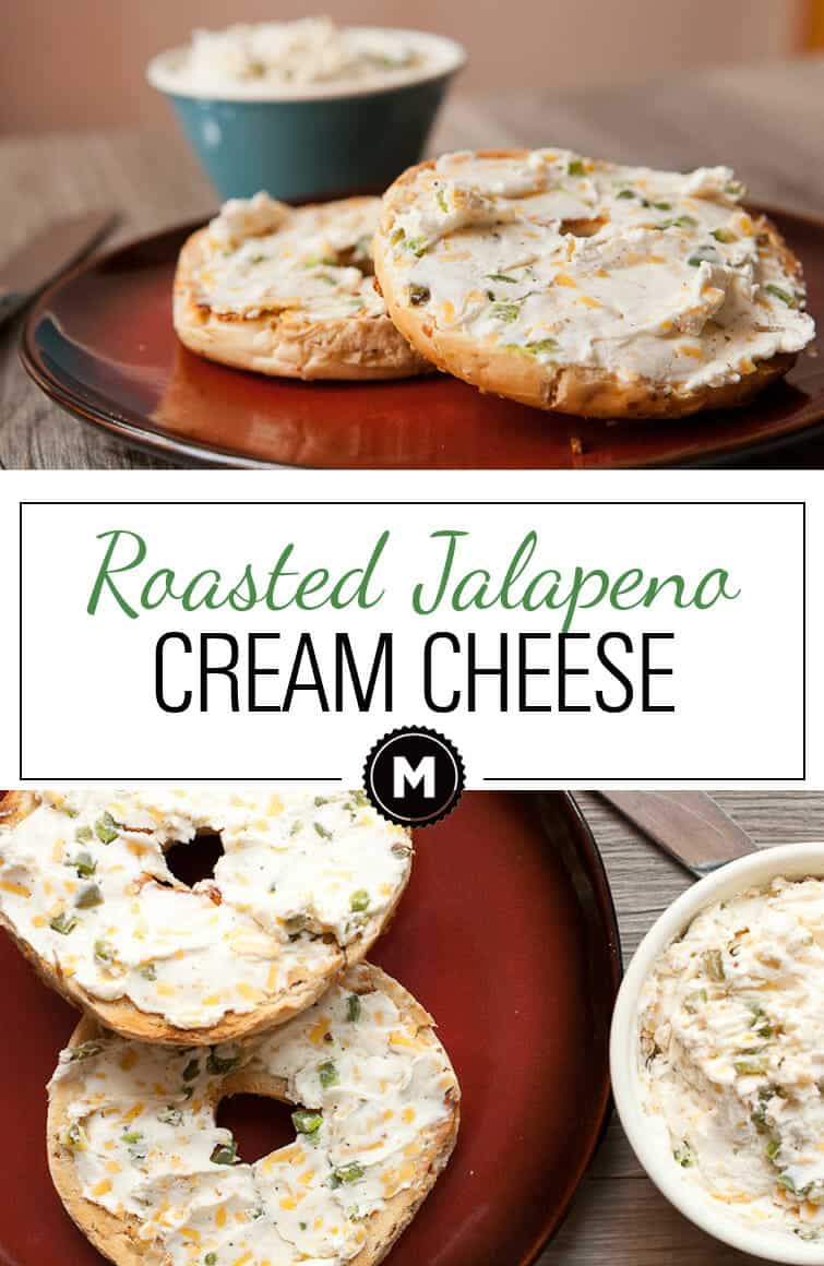 Jalapeno Cream Cheese - roasted jalapenos and cheddar mashed in with cream cheese is the perfect savory topper for toasted bagels! 