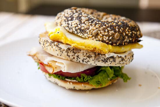 Leaning sandwich of bagels - Breakfast Club Sandwich