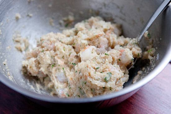 Shrimp mixture mixed up in a bowl.