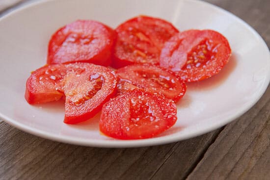 salted tomatoes for the Egg and Tomato Sandwich