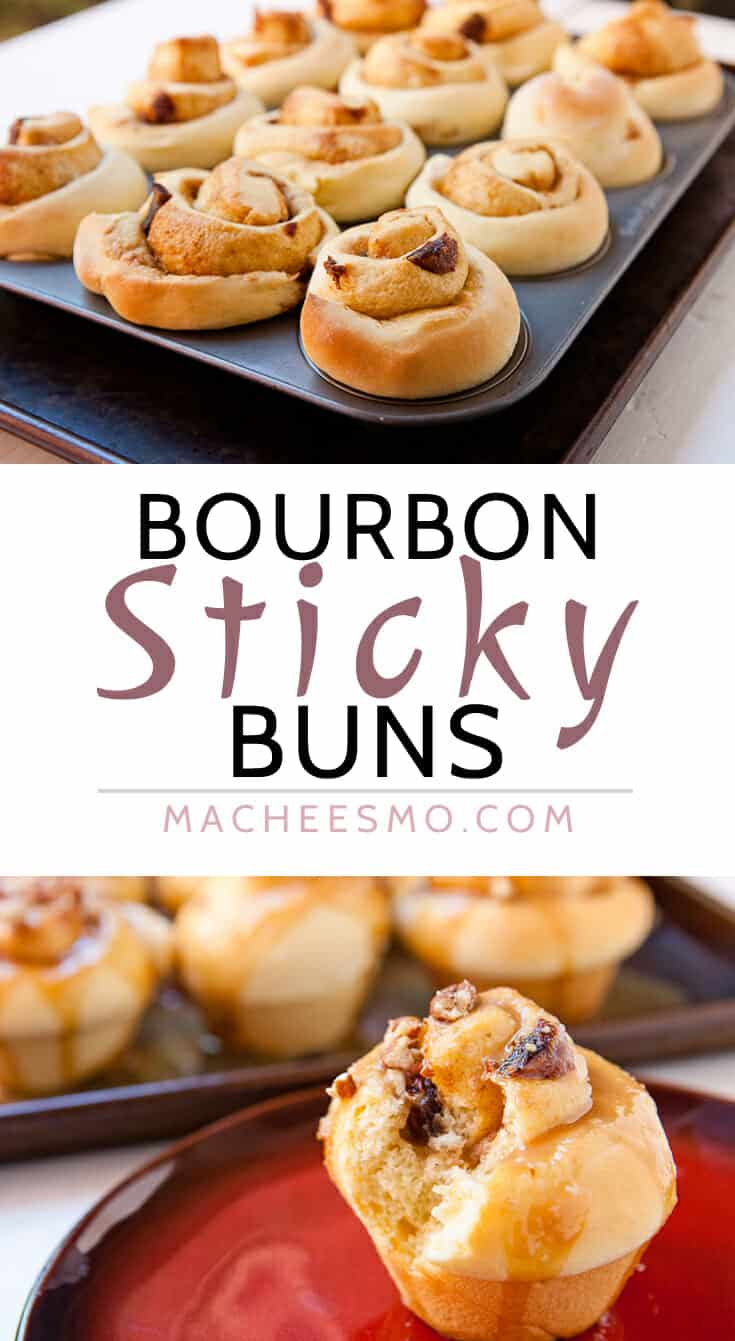 Cinnamon Sticky Buns with an easy bourbon glaze. Puffy and perfect breakfast buns baked in a muffin tin. Not overly sweet. The bourbon glaze is the perfect drizzle sauce!