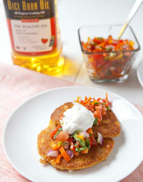 Corn Griddle cakes with fresh sweet pepper salsa and sour cream.