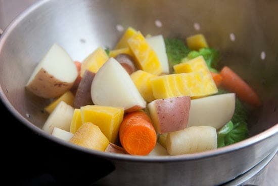 Fork tender vegetables after a blanching.