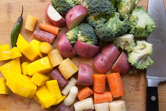 Roughly chopped beets, carrots, potatoes, broccoli for veggie nuggets