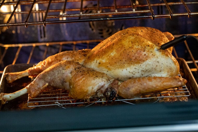 Roasting the brined turkey.
