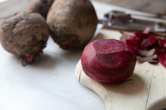  peeling the beets for Balsamic Roasted Beets