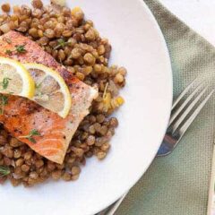 Simmered lentils and butter roasted salmon make for a quick and healthy dinner option! From Love Your Leftovers.