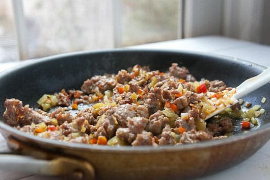 Cooked sausage mixture for Tortilla Breakfast Casserole.