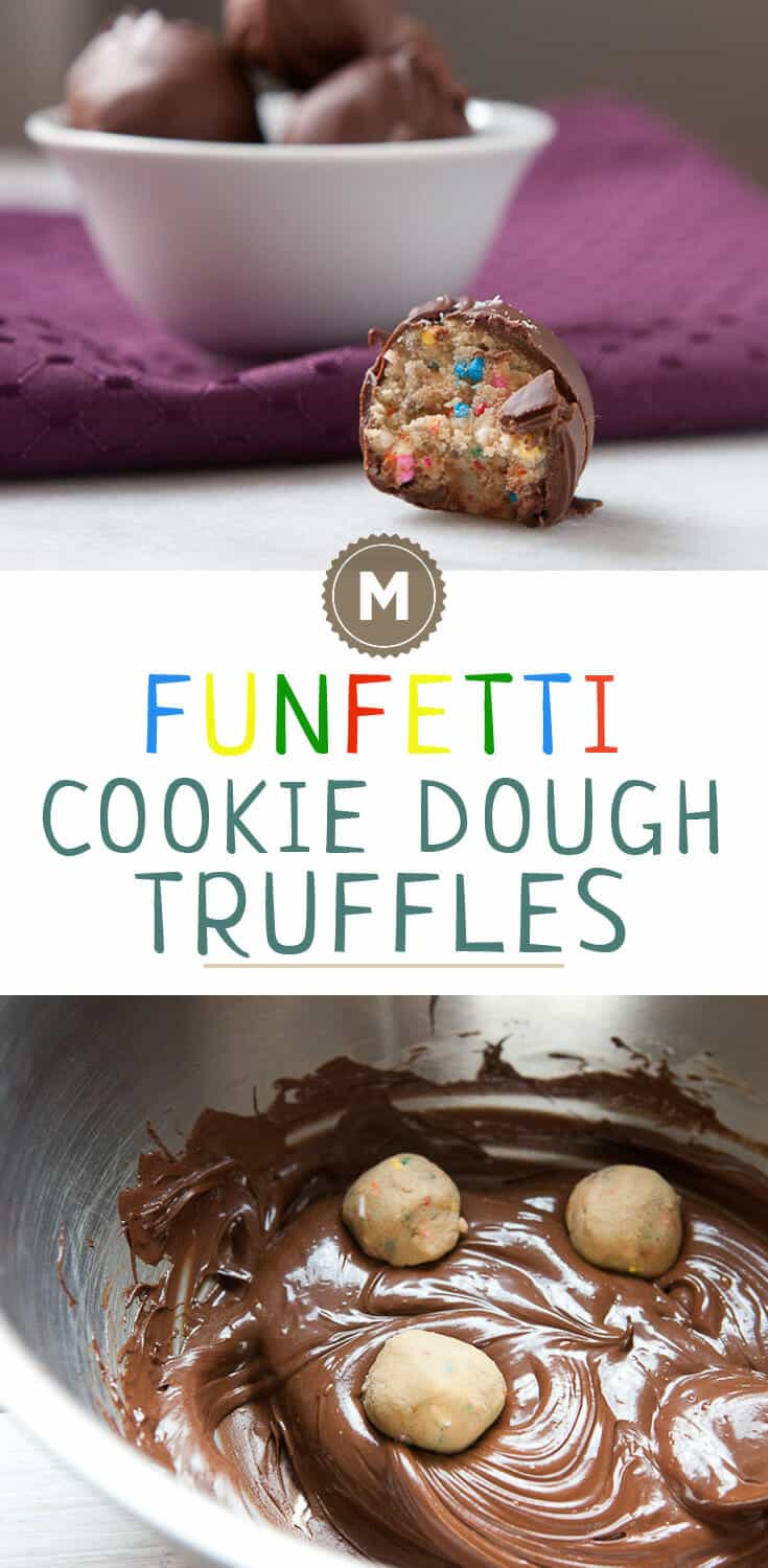 Funfetti Cookie Dough Truffles made with a safe-to-eat no bake cookie dough! These are so addictive and good. The perfect holiday sweet snack.