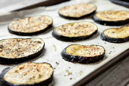 Eggplant rounds ready for pizza.