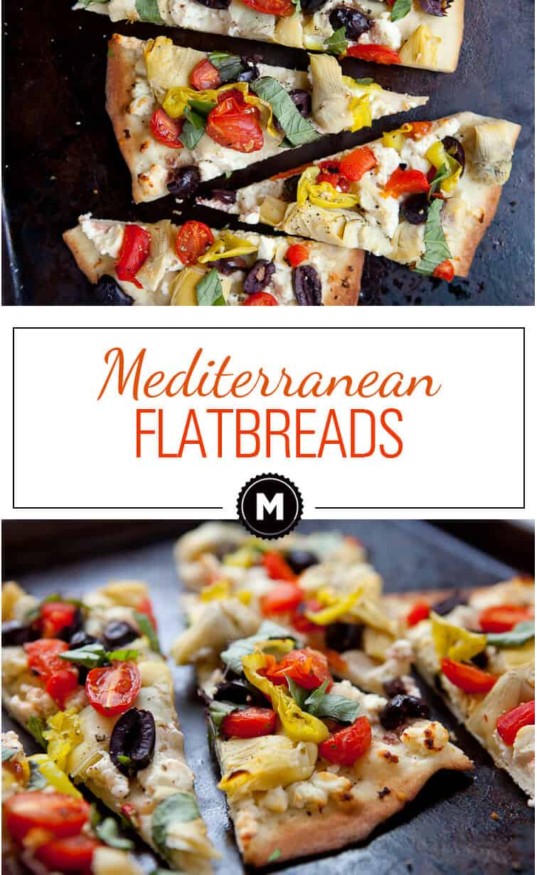 Mediterranean Flatbreads: Deflated easy to make flatbreads with no yeast. The result is almost a cracker-like crispy crust topped with any toppings you like! I chose a bunch of fun Mediterranean toppings for my version.