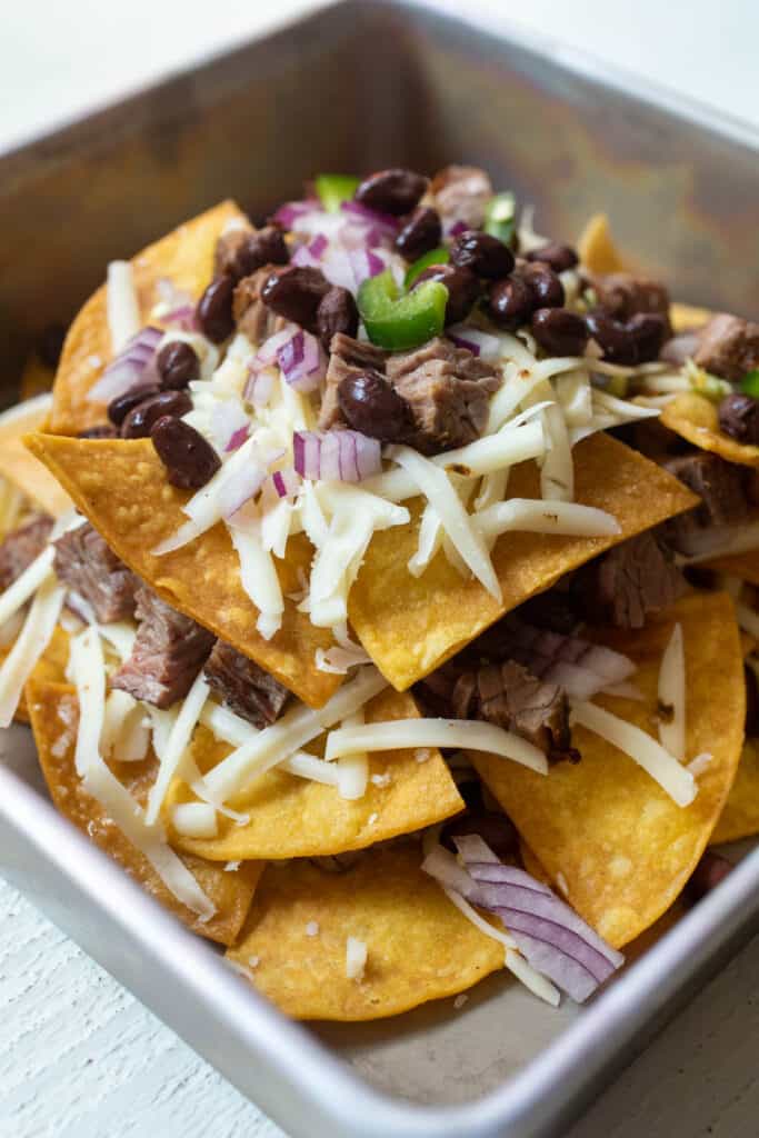 Carne Asada Nachos ready for the oven