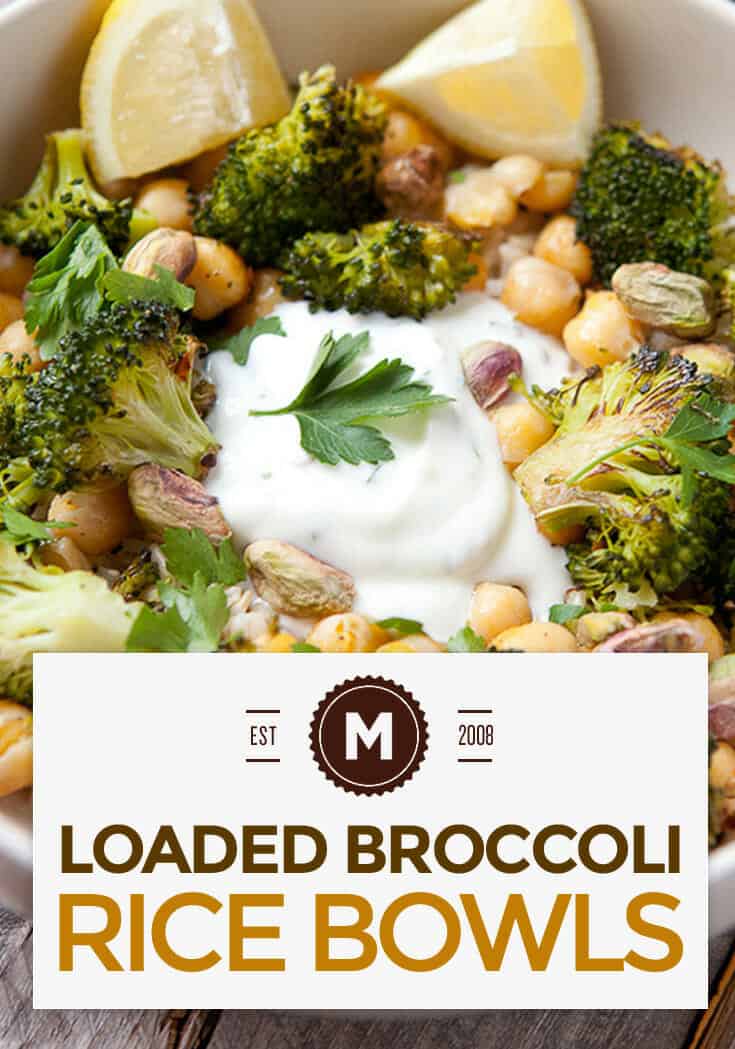 Loaded Broccoli Rice Bowls: Roasted spicy broccoli and chickpeas piled high with brown rice and a tangy lemon yogurt sauce. Hearty and healthy!