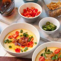 Savory Grits Bar: This is my favorite brunch for a crowd. Make a big batch of grits and set out a spread of delicious toppings! Guests can make their own bowls and the varieties are endless. Check out the comments for reader suggestions!