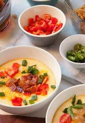 Savory Grits Bar: This is my favorite brunch for a crowd. Make a big batch of grits and set out a spread of delicious toppings! Guests can make their own bowls and the varieties are endless. Check out the comments for reader suggestions!