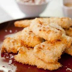 Baked Coconut Chicken Tenders: These crispy and slightly sweet chicken tenders are perfect for a snack or meal. I like mine with two dipping sauces: honey mustard and chili ketchup!