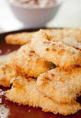 Baked Coconut Chicken Tenders: These crispy and slightly sweet chicken tenders are perfect for a snack or meal. I like mine with two dipping sauces: honey mustard and chili ketchup!