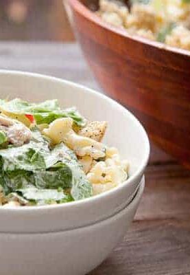 Chicken Caesar Pasta Salad: The perfect combination of salad and pasta. Great for a picnic or weekday lunches! I make mine with grilled chicken, homemade croutons, and a light caesar dressing!