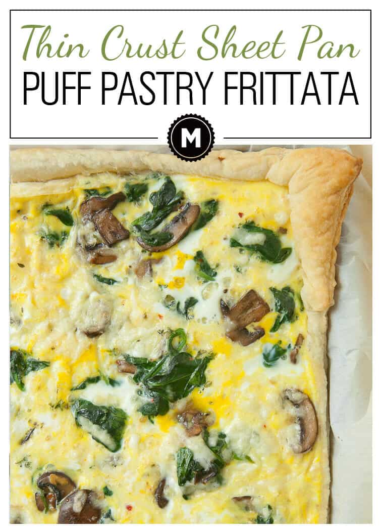 Puff Pastry Frittata: An easy breakfast dish packed with mushrooms and spinach and baked in a sheet pan. The finished dish is nice and thin and has a great crust!