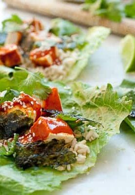 Spicy Tofu Lettuce Wraps: About as healthy as healthy can get! These lettuce wraps are light on flavor though thanks to a spicy peanut sauce and crunchy wasabi nori chips!